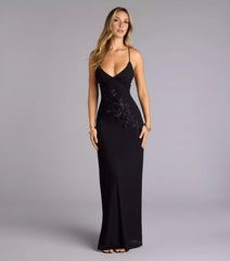 Dazzling deep V-neck thin shoulder strap embroidered with flowers, backless lace up and floor skirt Prom Dresses