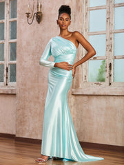 One-Shoulder Long Sleeves Ruched Dress Mist
