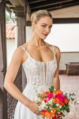 Deep V-neck off shoulder sleeveless lace applique thin shoulder strap backless and floor length wedding dress