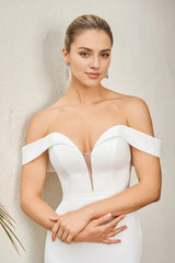 Deep V-neck off shoulder strapless backless and floor length wedding dress