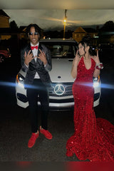 Deep V Neck 2024 Red Iridescent Sequin Prom Dress Open Back Mermaid