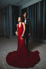 Deep V Neck 2024 Red Iridescent Sequin Prom Dress Open Back Mermaid