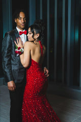 Deep V Neck 2024 Red Iridescent Sequin Prom Dress Open Back Mermaid