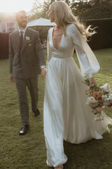 Deep V Neck Backless A-Line Long Sleeves Satin Wedding Dresses With Train