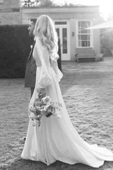 Deep V Neck Backless A-Line Long Sleeves Satin Wedding Dresses With Train