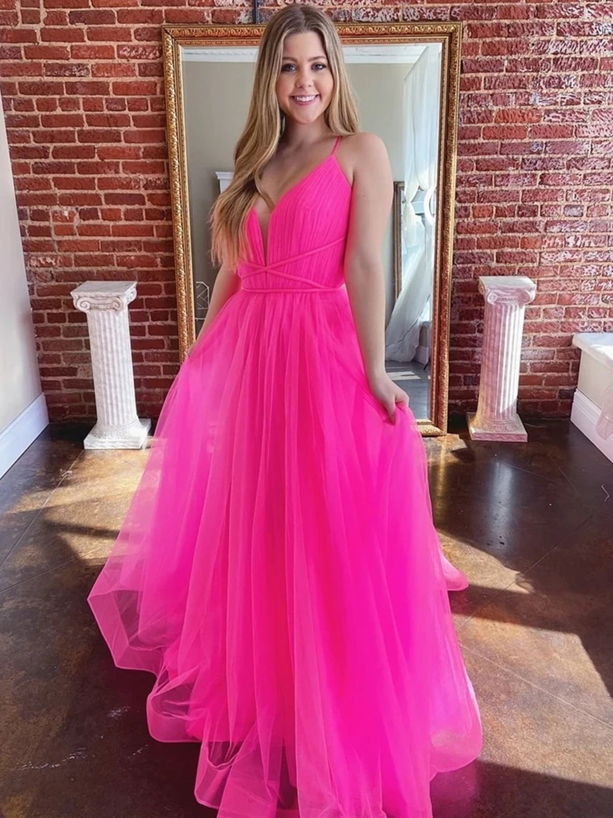 Deep V Neck Backless Hot Pink Long Prom Dresses, Open Back Hot Pink Long Formal Evening Dresses