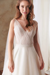 Deep V Neck Fairy Flutter Sleeve Bridal Gown Tulle Sleeveless A-line  Lace Ivory Bridal Gown Hellenistic Bridal Gown