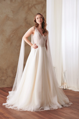 Deep V Neck Fairy Flutter Sleeve Bridal Gown Tulle Sleeveless A-line  Lace Ivory Bridal Gown Hellenistic Bridal Gown