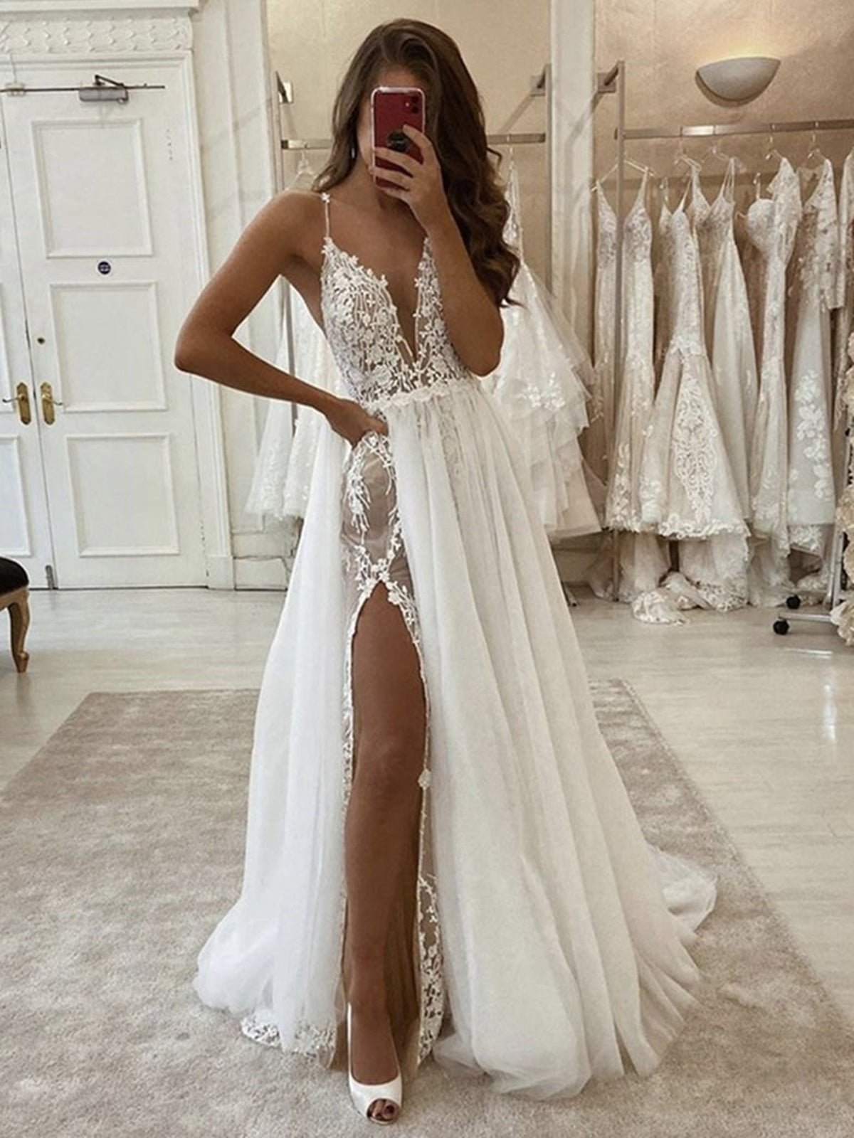 Deep V Neck Ivory Lace Wedding Dresses, A Line V Neck Ivory Lace Formal Prom Dresses