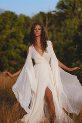 Deep V Neck Off-White Wedding Maxi Dress Wedding Gown Goddess Dress Elegant Dress Bridal Dress