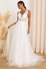 Deep V Neck Sleeveless Tulle Love White Lace Backless A-Line Wedding Gown With Train