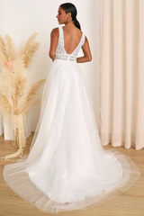 Deep V Neck Sleeveless Tulle Love White Lace Backless A-Line Wedding Gown With Train