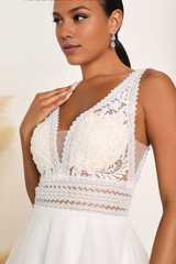 Deep V Neck Sleeveless Tulle Love White Lace Backless A-Line Wedding Gown With Train