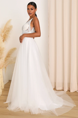 Deep V Neck Sleeveless Tulle Love White Lace Backless A-Line Wedding Gown With Train