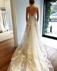 Beach Deep V Neck Spaghetti Straps Wedding Dress Bridal Gown