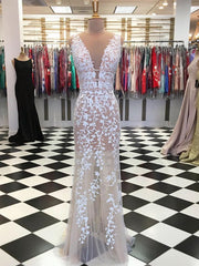 Deep V Neck Champagne Lace Prom Dresses, V Neck Champagne Lace Wedding Dresses Formal Evening Dresses