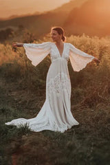 Deep V Neck Wedding Dress Lace Wedding Dress Boho Wedding Dress Elopment Dress Romantic Wedding Dress