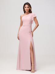 A-Line One Shoulder Sheath Dress Dusty Rose