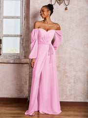 Off-The-Shoulder Long Sleeves Bow Dresses with Slit Candy Pink
