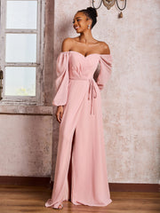 Off-The-Shoulder Long Sleeves Bow Dresses with Slit Dusty Rose