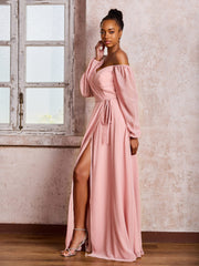 Off-The-Shoulder Long Sleeves Bow Dresses with Slit Dusty Rose