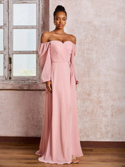 Off-The-Shoulder Long Sleeves Bow Dresses with Slit Dusty Rose