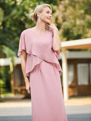 V-neck Tea-length Dress with Flutter Sleeves Dusty Rose