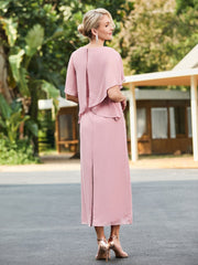 V-neck Tea-length Dress with Flutter Sleeves Dusty Rose