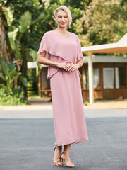 V-neck Tea-length Dress with Flutter Sleeves Dusty Rose