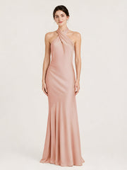 Floor-Length Halter Dress with Flared Mermaid Hem Blushing Pink