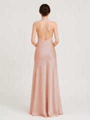 Floor-Length Halter Dress with Flared Mermaid Hem Blushing Pink