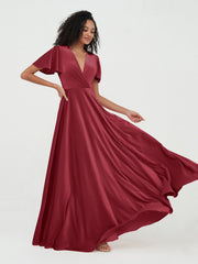 Open Back Max Velvet Dresses with Flutter Sleeves Burgundy