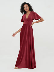 Open Back Max Velvet Dresses with Flutter Sleeves Burgundy