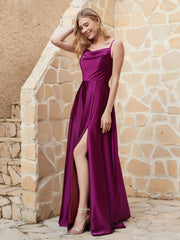 A Line Cowl Neck Satin Dress With Slit Orchid