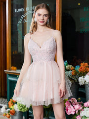 V-neck Applique Pleated Tulle Short Prom Dress Pearl Pink