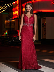 Long Sheath Plunging V-neck Lace Dress Burgundy