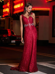 Long Sheath Plunging V-neck Lace Dress Burgundy