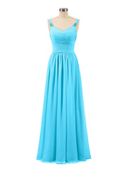 Pleated Chiffon Bodice Long Gown with Straps Pool
