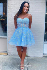 Detachable Long Sleeves Blue Lace Sweetheart A-line Short Graduation Dresses, CP0993