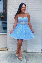 Detachable Long Sleeves Blue Lace Sweetheart A-line Short Graduation Dresses, CP0993