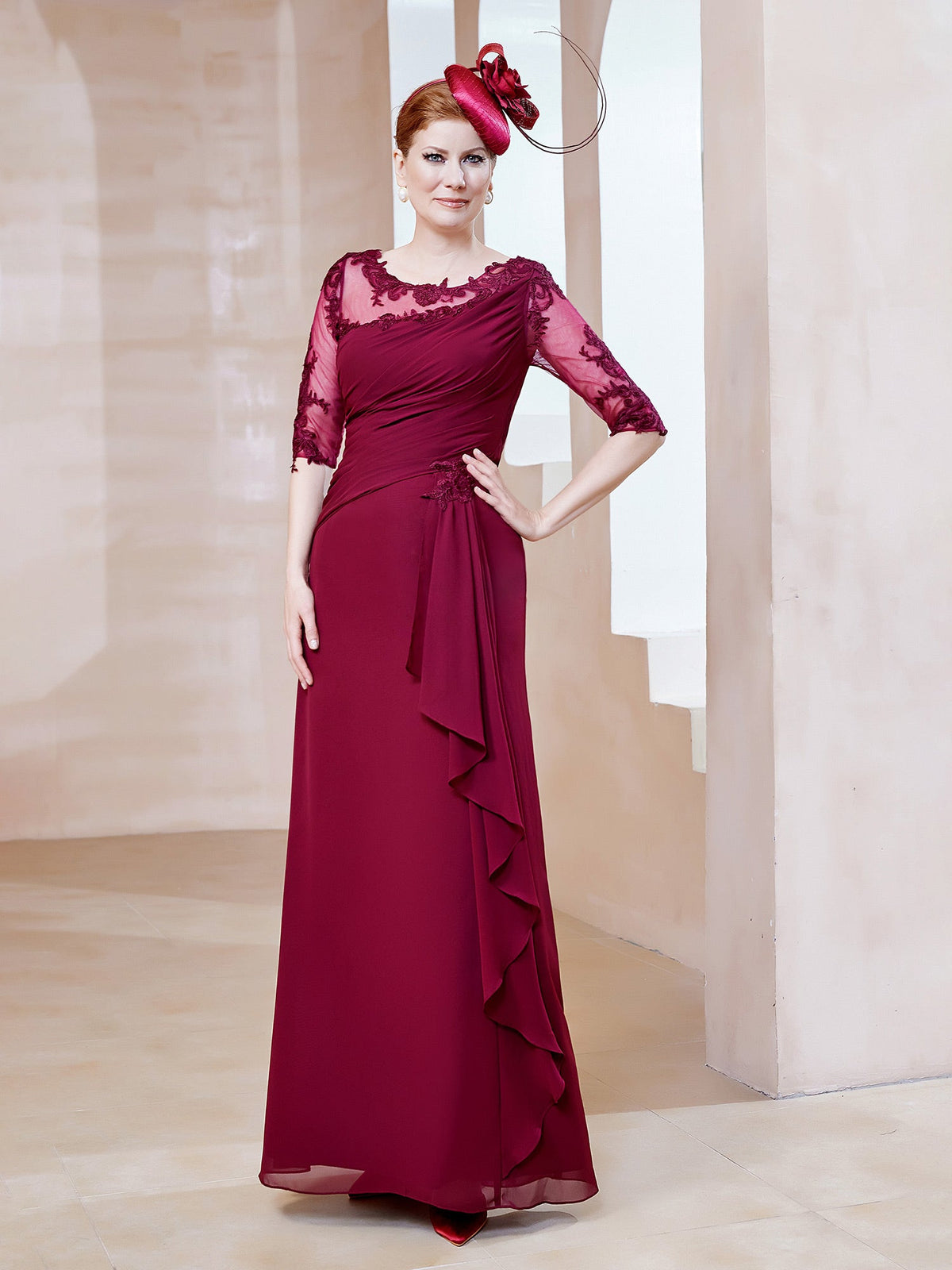 Scoop Lace Neckline Ruffles Sheath Dress Burgundy