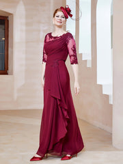 Scoop Lace Neckline Ruffles Sheath Dress Burgundy