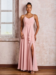 V-neck Ruffle Slit Chiffon Dresses with Cascade Skirt Dusty Rose