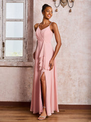 V-neck Ruffle Slit Chiffon Dresses with Cascade Skirt Dusty Rose