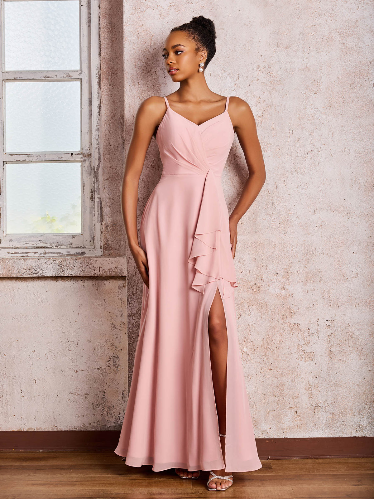 V-neck Ruffle Slit Chiffon Dresses with Cascade Skirt Dusty Rose