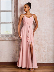 V-neck Ruffle Slit Chiffon Dresses with Cascade Skirt Dusty Rose