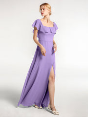 Square Neck Long Chiffon Dress with Front Slit Tahiti