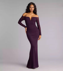 Elegant off shoulder steel ring collar with pleated chiffon slim fit long sleeved mermaid silhouette and floor skirt Prom Dresses