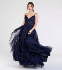 Gorgeous shimmering mesh lining V-neck adjustable thin shoulder straps transparent tight corset ruffled A-line silhouette Prom Dresses