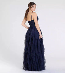 Gorgeous shimmering mesh lining V-neck adjustable thin shoulder straps transparent tight corset ruffled A-line silhouette Prom Dresses